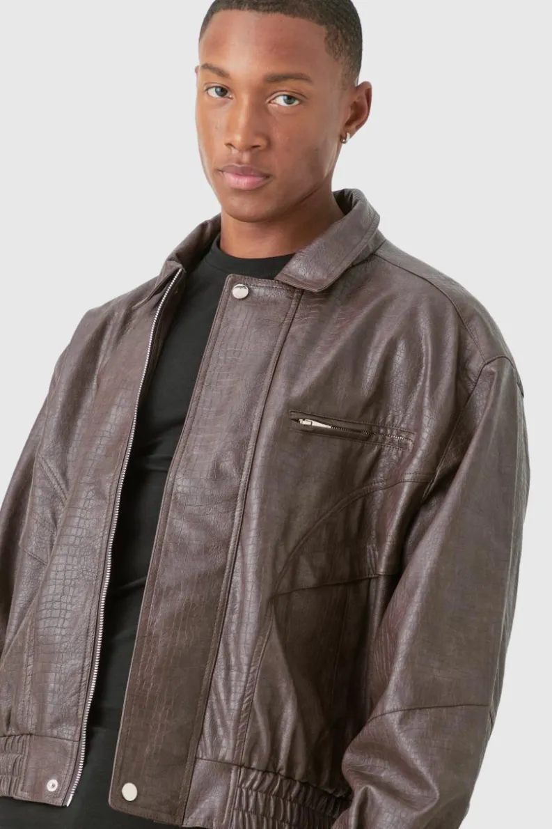 New boohooMAN Boxy Textured PU Bomber Jacket In brown