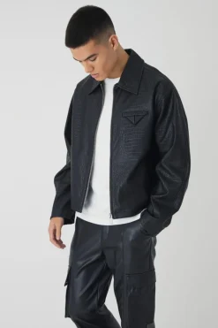 Cheap boohooMAN Boxy Textured PU Collared Bomber Jacket In black