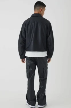 Cheap boohooMAN Boxy Textured PU Collared Bomber Jacket In black