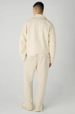 Discount boohooMAN Boxy Textured PU Collared Bomber Jacket In ecru