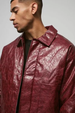 Fashion boohooMAN Boxy Textu Pu Harrington Jacket In red