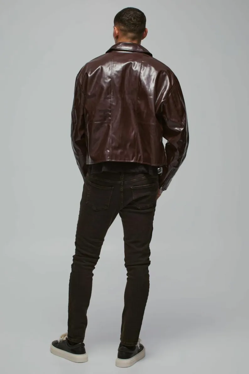 Sale boohooMAN Boxy Vinyl PU Harrington Jacket In burgundy