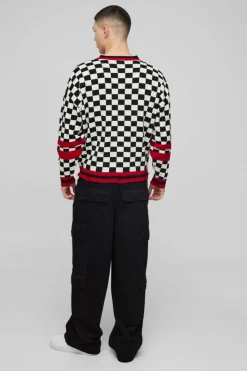 Clearance boohooMAN Boxy V Neck Boxy Distressed Checked Varsity Jumper black