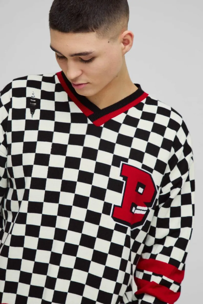 Clearance boohooMAN Boxy V Neck Boxy Distressed Checked Varsity Jumper black