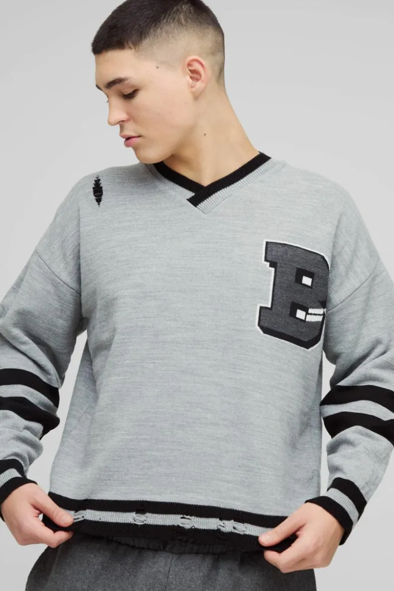Cheap boohooMAN Boxy V Neck Boxy Distressed Varsity Jumper brown