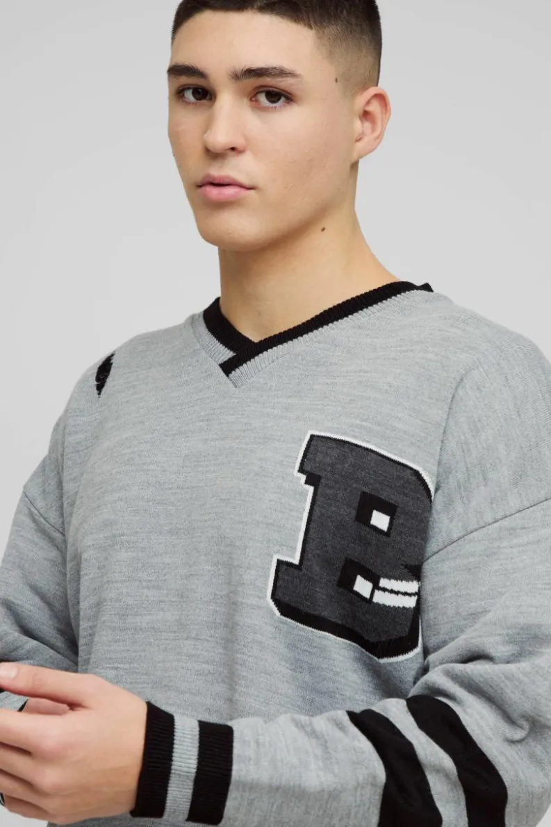 Cheap boohooMAN Boxy V Neck Boxy Distressed Varsity Jumper brown