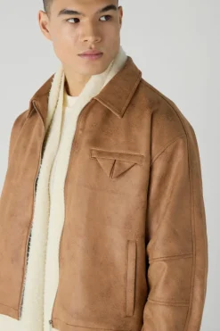 Sale boohooMAN Boxy Washed Collared Harrington Jacket In brown