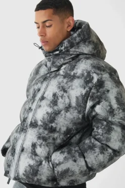 Store boohooMAN Boxy Washed Hooded Puffer Jacket In grey