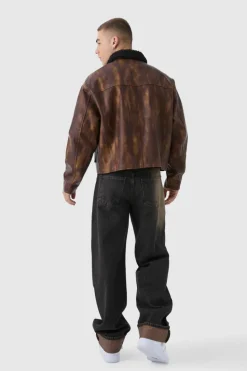 Store boohooMAN Boxy Washed PU Harrington Jacket With Borg Collar In brown