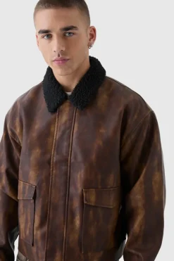 Store boohooMAN Boxy Washed PU Harrington Jacket With Borg Collar In brown