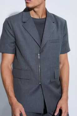 Sale boohoo Boxy Zip Detail Short Sleeve Blazer & Short grey