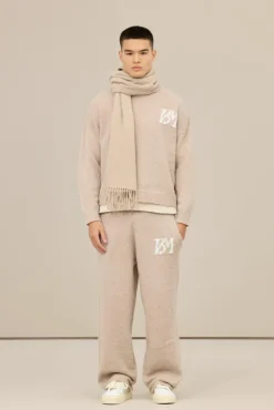Shop boohooMAN Brushed Boucle Knitted Branded Jumper Tracksuit stone
