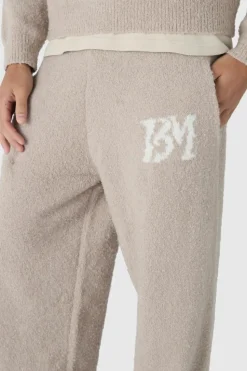 Shop boohooMAN Brushed Boucle Knitted Branded Jumper Tracksuit stone