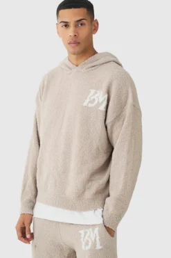 Hot boohooMAN Brushed Boucle Knitted Branded Hooded Tracksuit stone