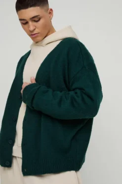 Online boohooMAN Brushed Contrast Trim Boxy Cardigan green