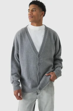 Cheap boohooMAN Brushed Knit Oversized Drop Shoulder Cardigan grey