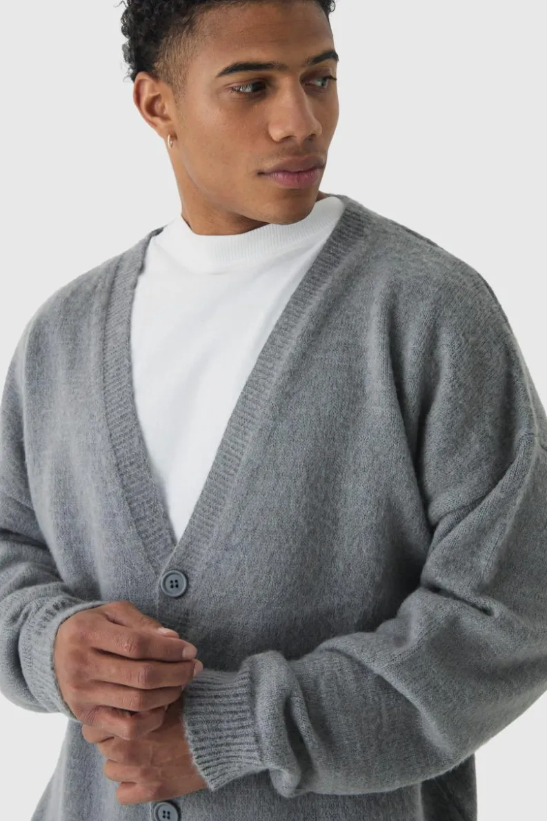 Cheap boohooMAN Brushed Knit Oversized Drop Shoulder Cardigan grey