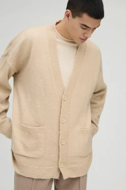 Cheap boohooMAN Brushed Knit Oversized Drop Shoulder Cardigan cream