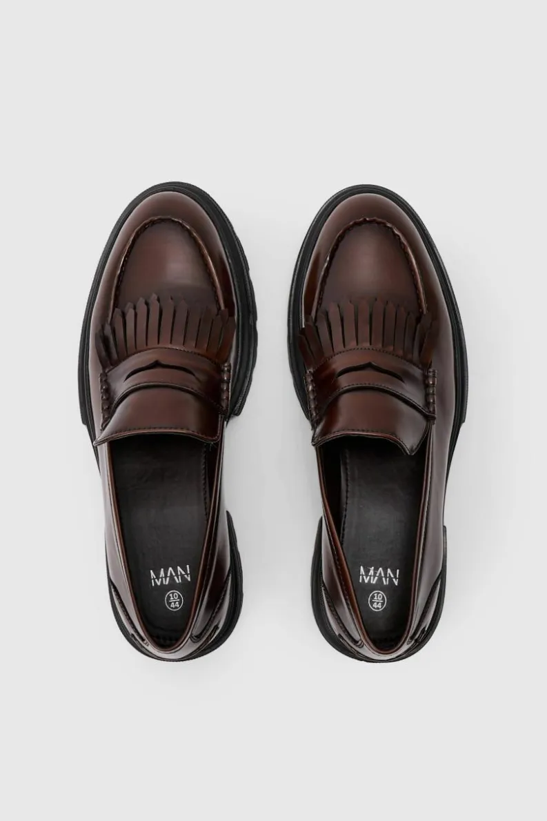 Hot boohooMAN Brushed Pu Fringe Detail Loafer In brown