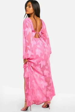Store boohoo Burnout Floral Frill Detail Maxi Dress pink