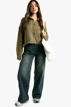 Cheap boohoo Button Through Soft Knit Cardigan khaki