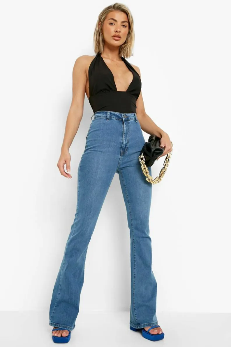 Best boohoo Butt Shaper High Rise Skinny Flared Jeans mid wash