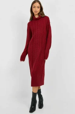 Hot boohoo Cable Knit Roll Neck Midi Dress dark red