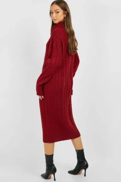 Hot boohoo Cable Knit Roll Neck Midi Dress dark red