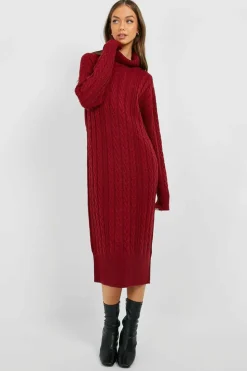 Hot boohoo Cable Knit Roll Neck Midi Dress dark red