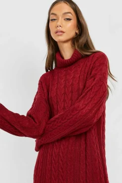 Hot boohoo Cable Knit Roll Neck Midi Dress dark red