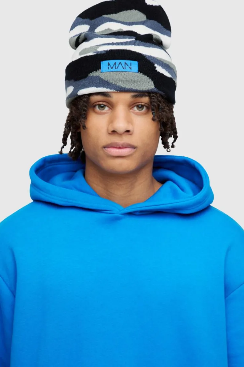 New boohooMAN Camo Print Man Woven Tab Beanie In grey
