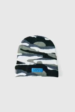 New boohooMAN Camo Print Man Woven Tab Beanie In grey
