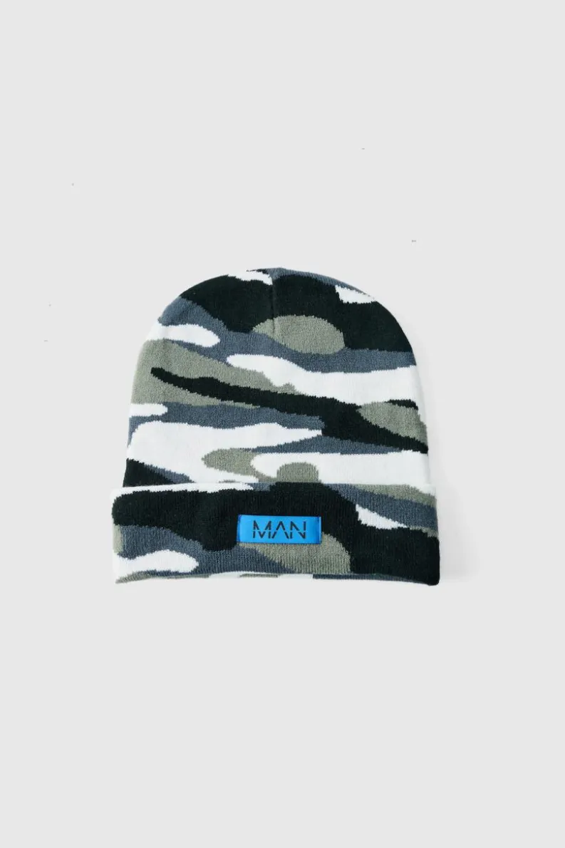 New boohooMAN Camo Print Man Woven Tab Beanie In grey