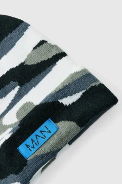 New boohooMAN Camo Print Man Woven Tab Beanie In grey