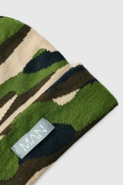 Outlet boohooMAN Camo Print Man Woven Tab Beanie In green