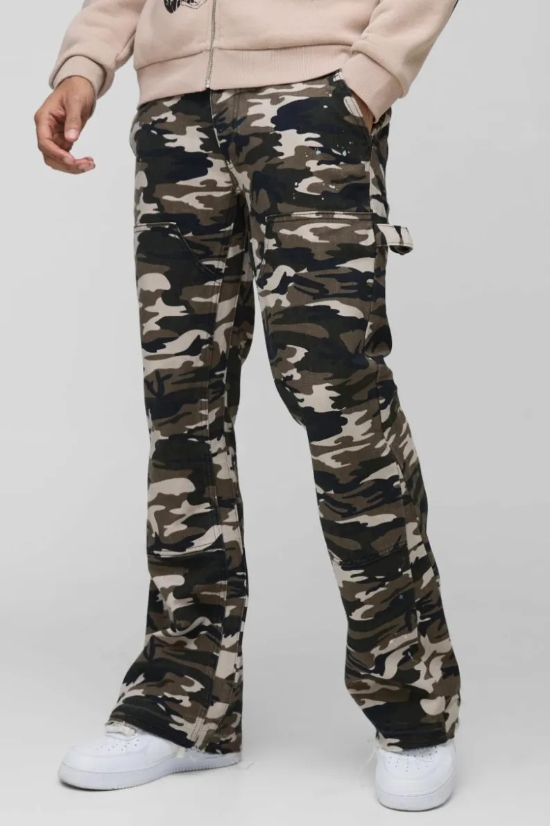 Discount boohooMAN Camo Raw Hem Gusset Carpenter Flared Jeans khaki