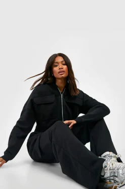 Clearance boohoo Cargo Pocket Cropped Hoodie Straight Leg Tracksuit black