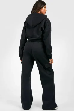Clearance boohoo Cargo Pocket Cropped Hoodie Straight Leg Tracksuit black