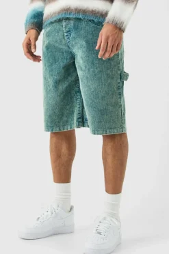 Store boohooMAN Carpenter Acid Wash Cord Jort In navy