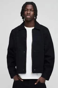 Sale boohooMAN Carpenter Black Denim Harrington Jacket true black