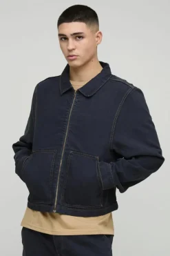 Best boohooMAN Carpenter Contrast Stitch Denim Harrington Jacket dark navy