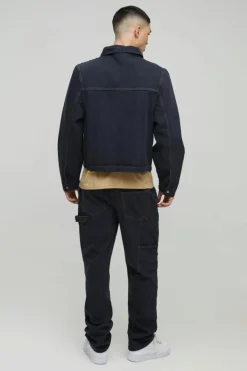 Best boohooMAN Carpenter Contrast Stitch Denim Harrington Jacket dark navy