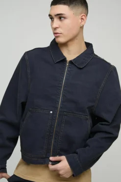 Best boohooMAN Carpenter Contrast Stitch Denim Harrington Jacket dark navy