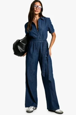 Best Sale boohoo Chambray Denim Jumpsuit dark indigo