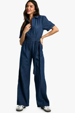 Best Sale boohoo Chambray Denim Jumpsuit dark indigo
