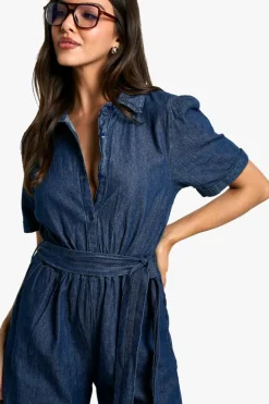 Best Sale boohoo Chambray Denim Jumpsuit dark indigo