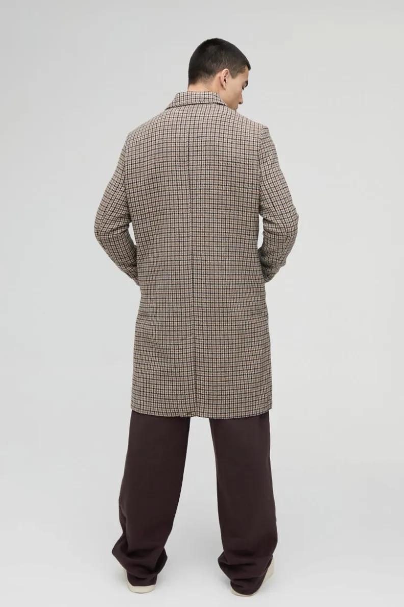 New boohooMAN Check Collared Overcoat In brown