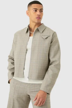 Fashion boohooMAN Checked Zip Up Boxy Smart Jacket stone