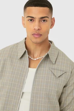 Fashion boohooMAN Checked Zip Up Boxy Smart Jacket stone