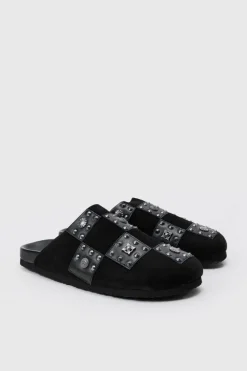 Outlet boohooMAN Checkered Metal Detail Mule In black